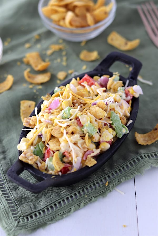 Light Potluck Corn Salad with crushed Fritos 