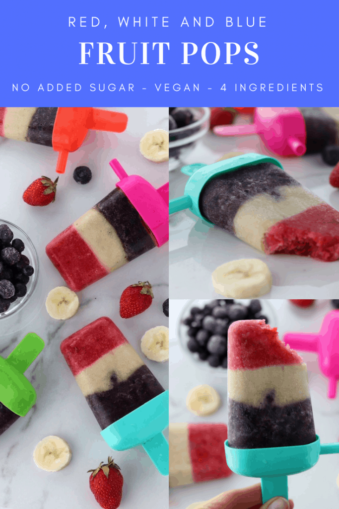 Red white and blue fruit pops with no added sugar, 4 ingredients, and 64 calories!