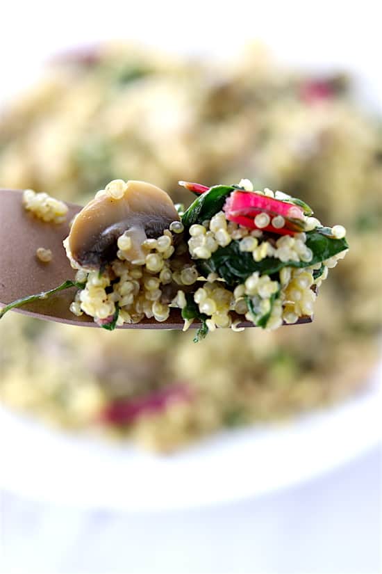 swiss chard and mushroom quinoa close up