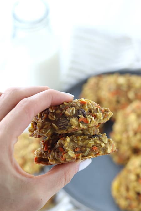 two morning glory breakfast cookies in hand