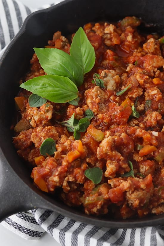 turkey bolognese sauce in a skillet