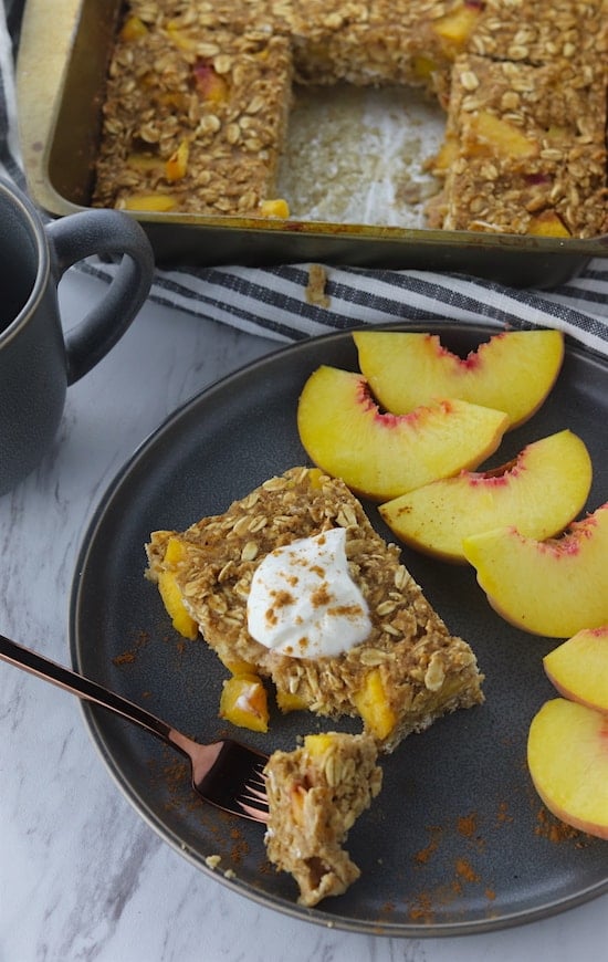 cinnamon peach bakes oatmeal on a plate