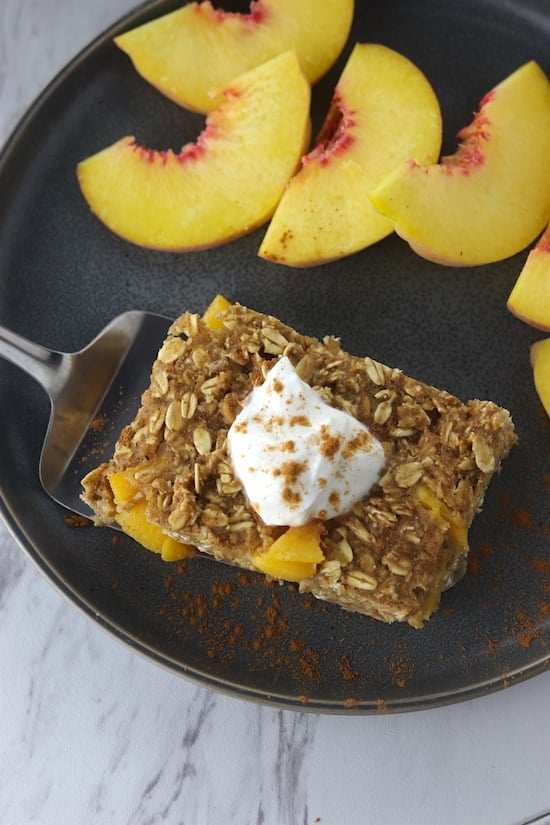 cinnamon peach baked oatmeal top angle