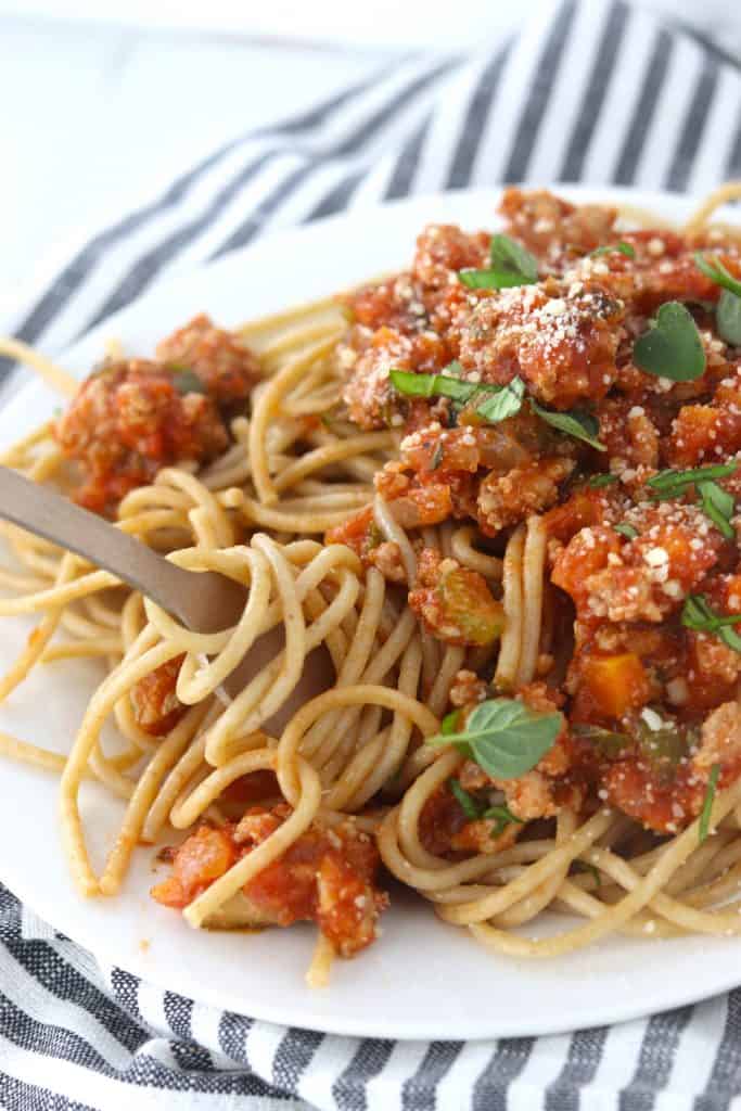 turkey bolognese on a fork