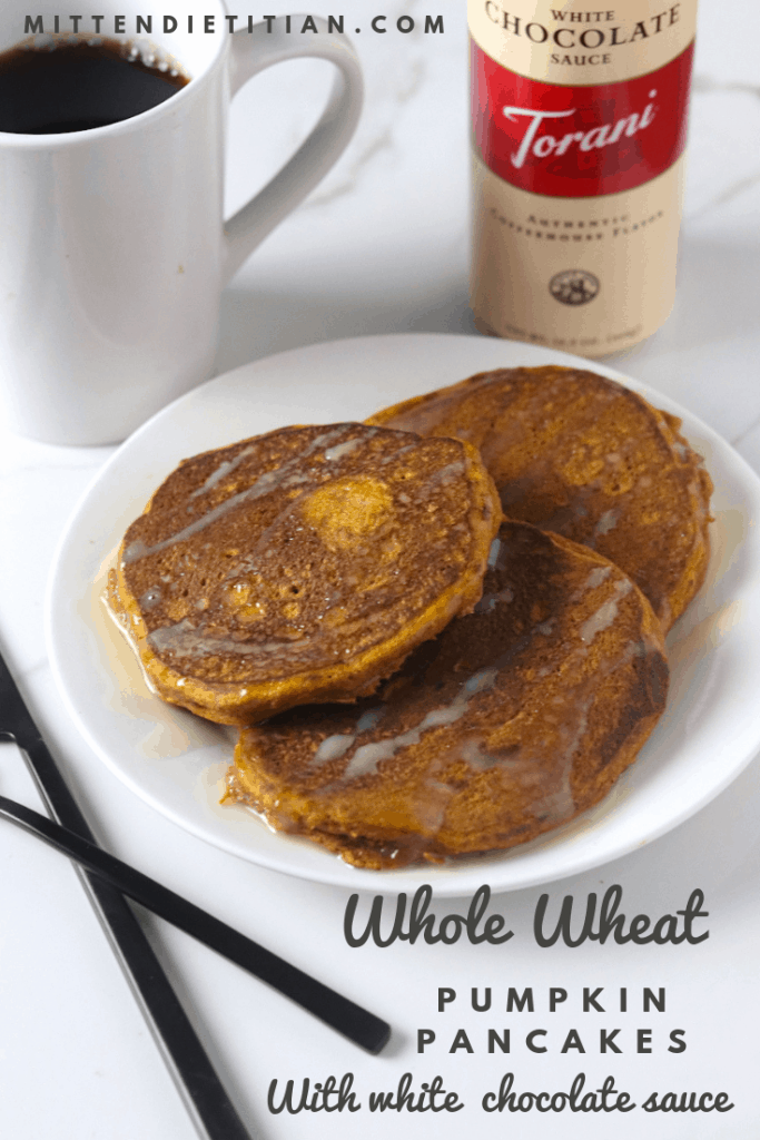 Easy healthy and delicious whole wheat pumpkin pancakes with white chocolate sauce! SO easy! #healthy #easy #pumpkinpancakes #pancakes #pumpkin #whitechocolate