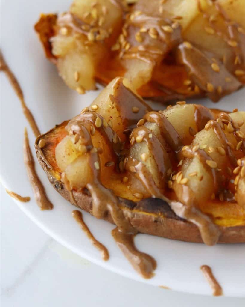 Sweet potato toast with crockpot baked apples almond butter and flax seeds