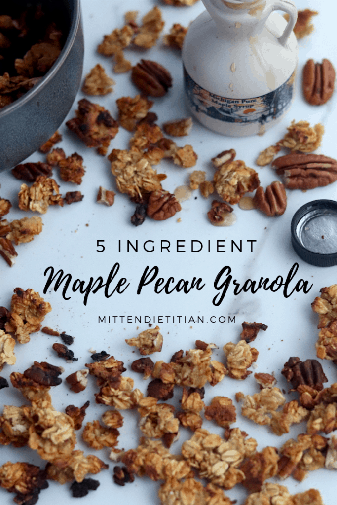 This easy and healthy 5 ingredient maple pecan granola is out of this world! #easy #healthy #glutenfree #granola #maplepecan #glutenfreerecipes