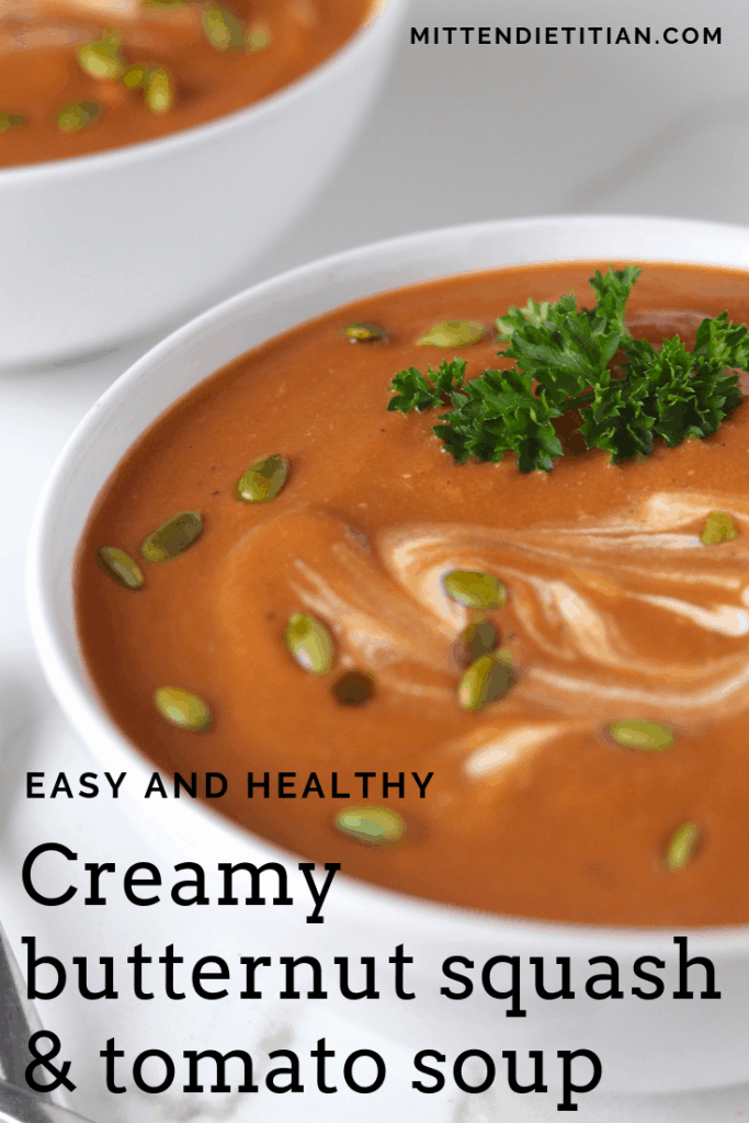 The easiest, healthy, creamy butternut squash & tomato soup!!! So comforting while being low-fat and calorie. #easy #healthy #lowcal #lowfat 
