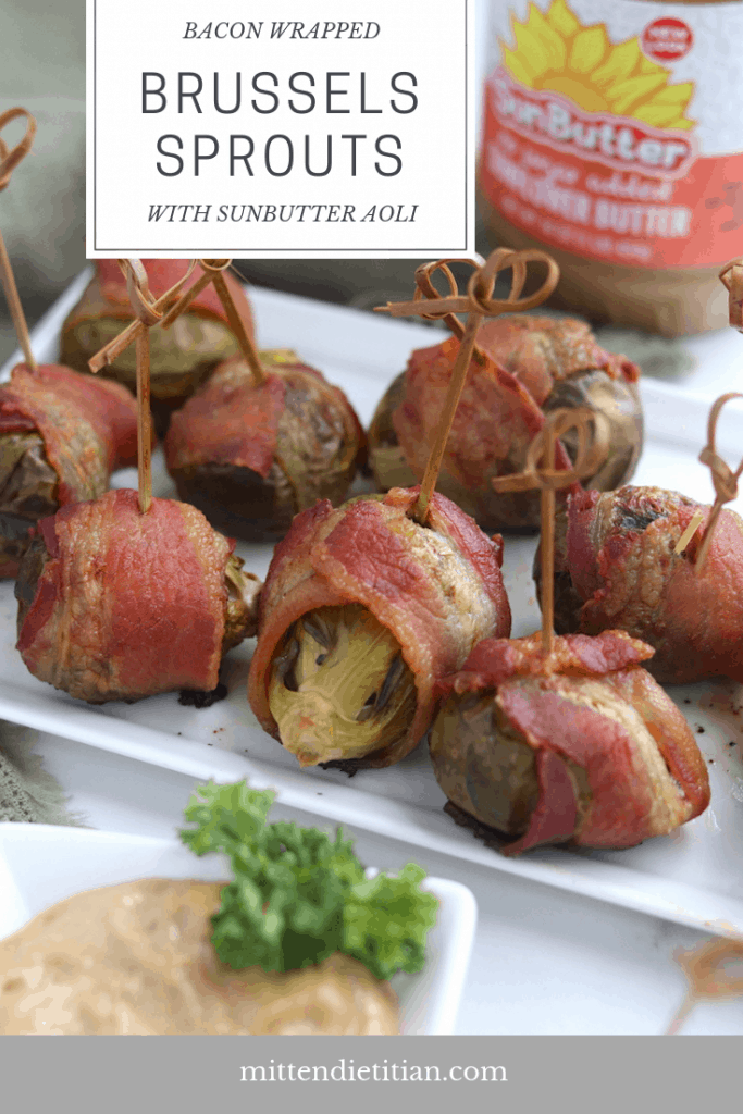 These allergen friendly bacon wrapped brussels sprouts with SunButter aoli are the perfect appetizer for you next party! #easyappetizer #appetizer #allergenfriendly #foodallergies
