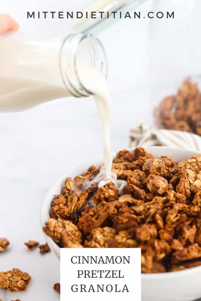 This cinnamon pretzel granola is going to be your new go-to recipe! It's super easy and makes a healthy snack!  #easyrecipe #granola #easyrecipe #healthysnack #healthy #breakfastrecipe