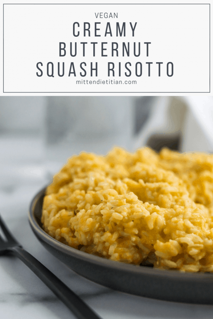 This dairy free and vegan creamy butternut squash risotto is AMAZING! It's super quick to put together and goes well with any protein for a quick dinner! #easy #healthyrecipes #veganrecipes #dairyfreerecipes #easyrecipes