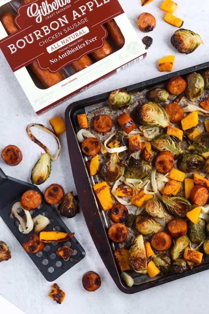 This sheet pan butternut, brussels, and sausage dinner will be your weeknight life saver! Quick, easy and next to no dishes!