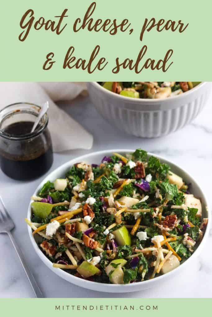 THE BEST goat cheese, pear & kale salad! It takes only 5 minutes to make and is the perfect recipe for meal prep or a busy weeknight dinner!