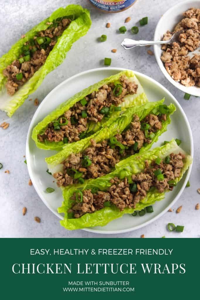 These easy, healthy & freezer friendly chicken lettuce wraps will become a weeknight staple! The secret ingredient (SunButter!) gives them AMAZING flavor you won't be able to get enough of! #easyrecipes #dinnerrecipes #freezerfriendly #weeknightmeal