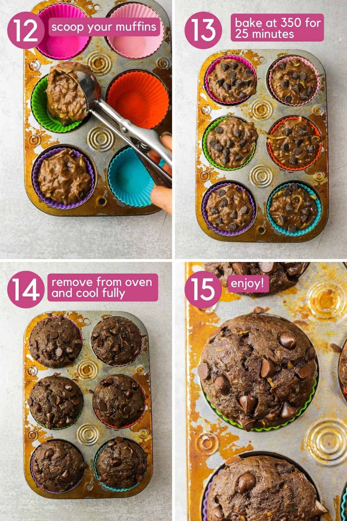 Scooping chocolate banana muffin batter into a lined muffin tin, and baking until cooked through.