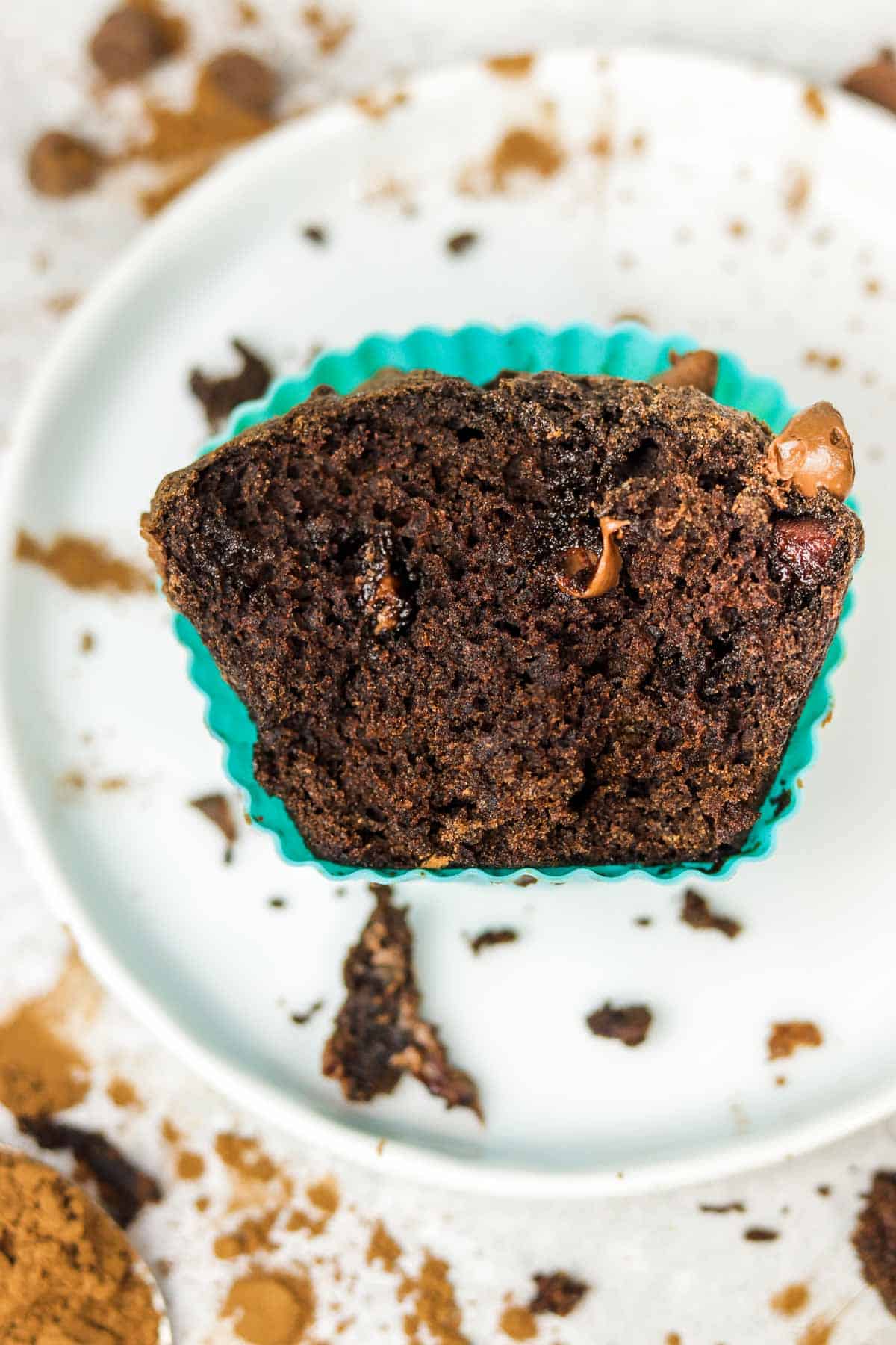 half eaten inside of a Double Chocolate Buckwheat Banana Muffin.