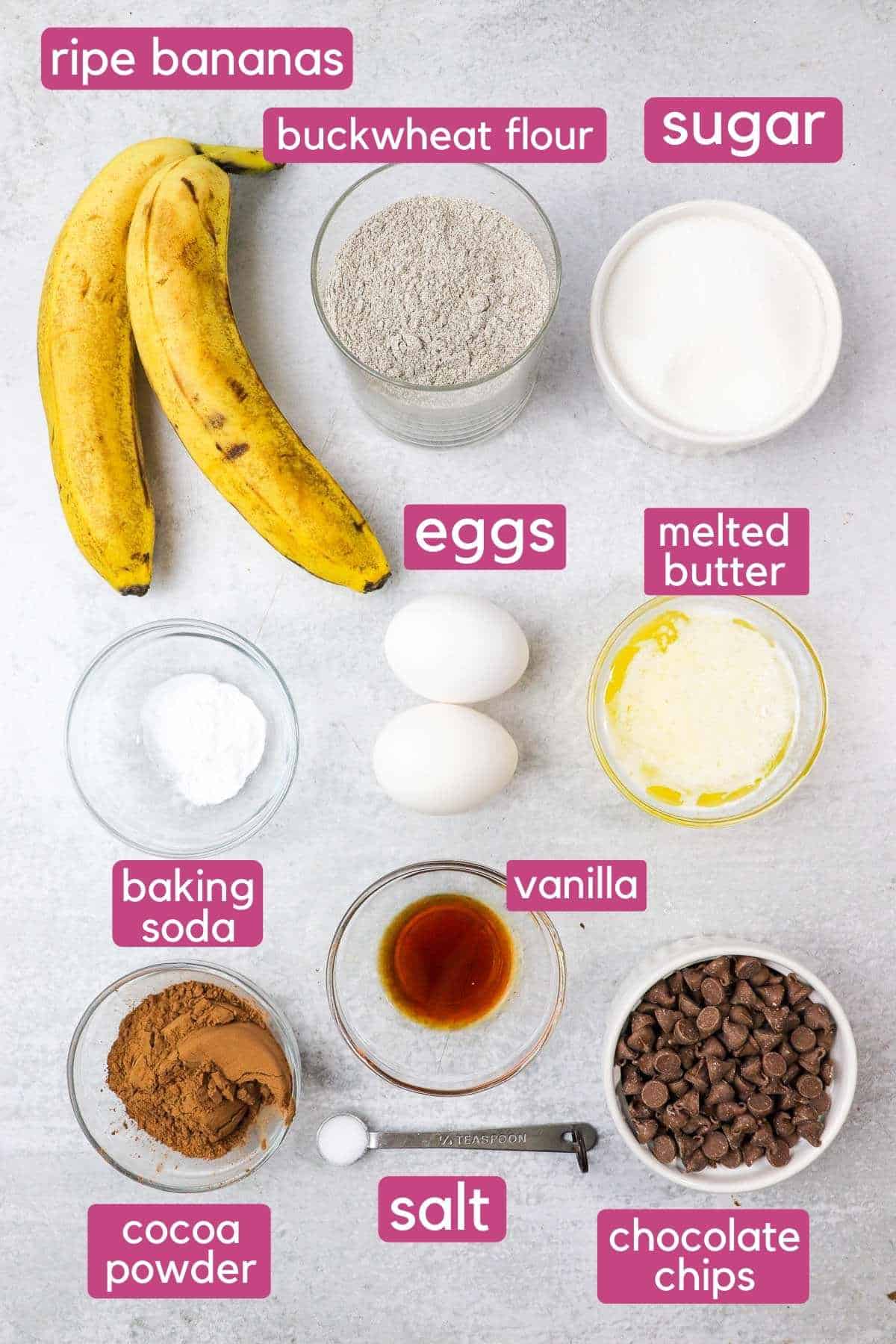 ingredients for double chocolate buckwheat banana muffins.