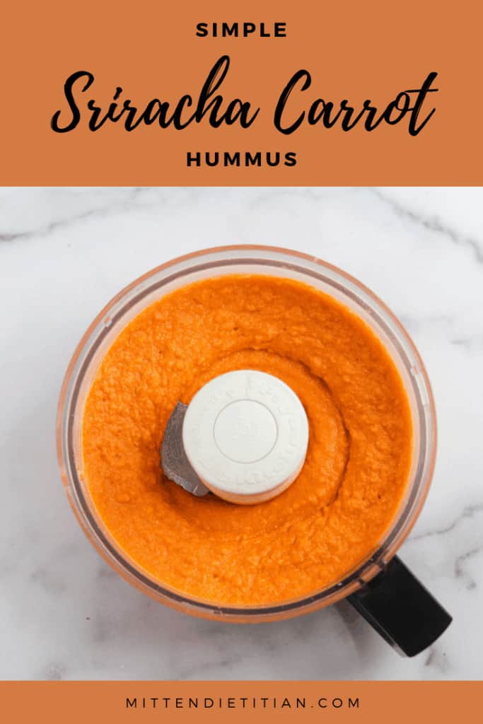 This simple sriracha carrot hummus is vegan, gluten free, dairy free and ALL delicious! #healthy #glutenfreerecipes #veganrecipes #dairyfreerecipes #hummus #sriracha #carrot