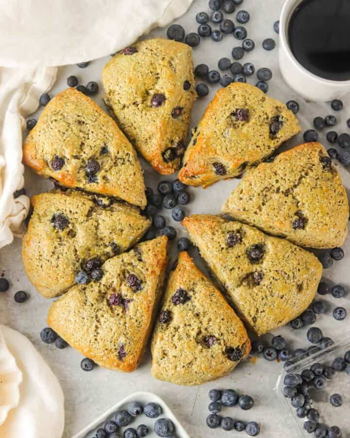 Blueberry yogurt scones in a circle on the counter.