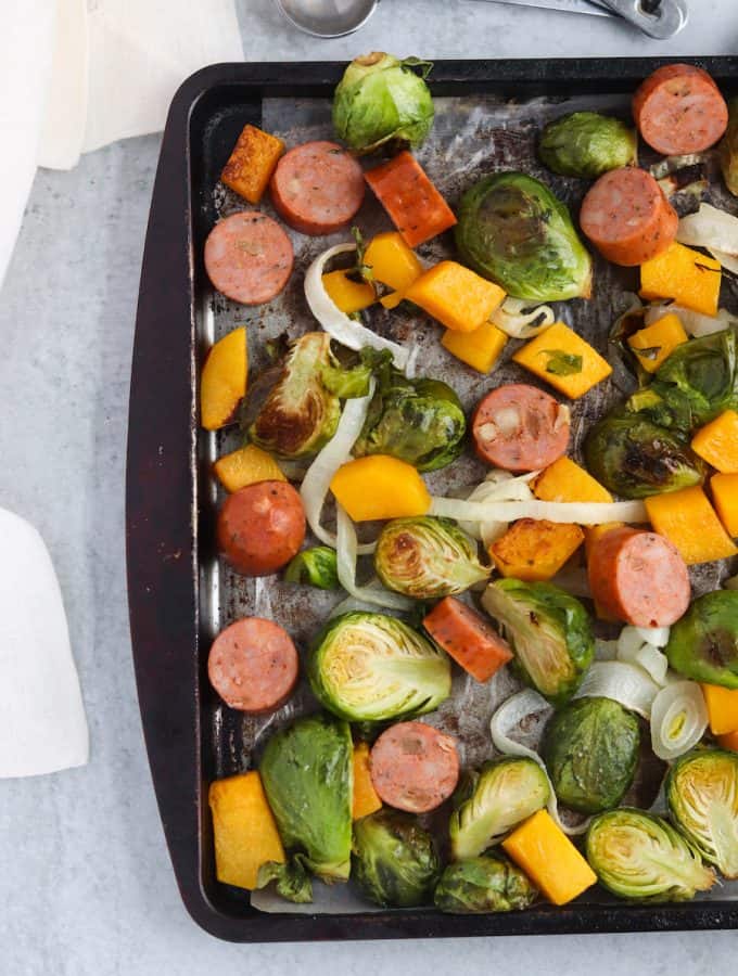 This sheet pan butternut, brussels, and sausage will be your weeknight life saver! Quick, easy, and next to no dishes!