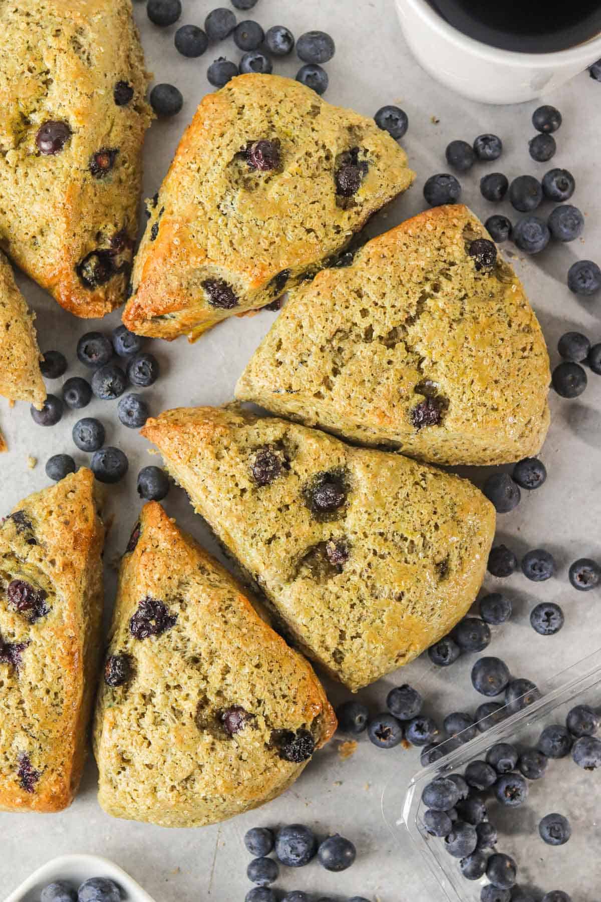 Up close whole wheat blueberry yogurt scones surrounded by blueberries
