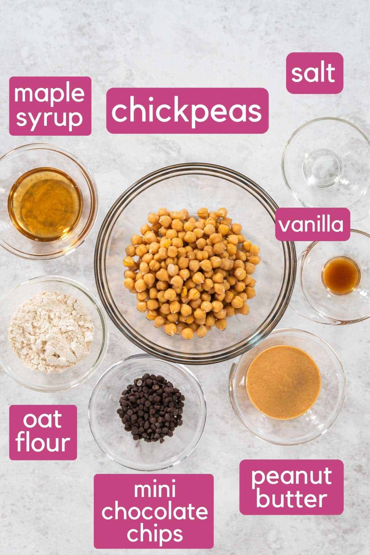 Ingredients needed to make vegan chickpea cookie dough.