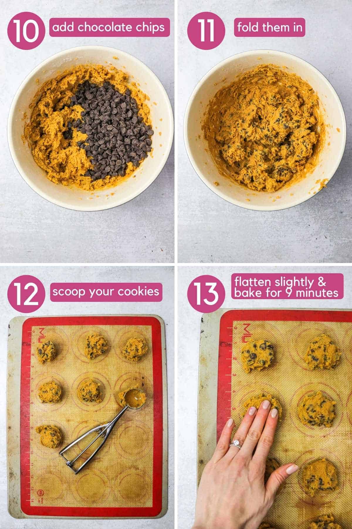 Folding in chocolate chips to pumpkin cookies and forming into balls.