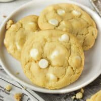 White chocolate chip cookies on a plate