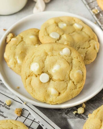 White chocolate chip cookies on a plate