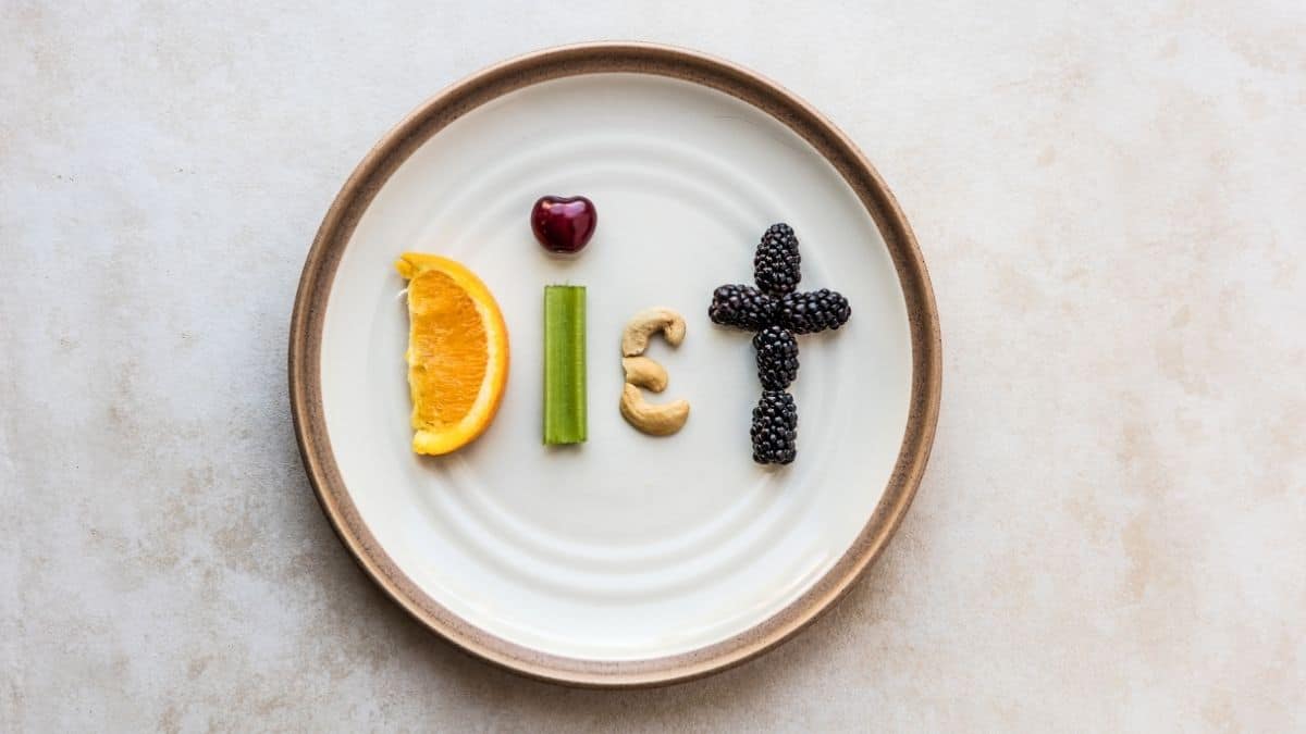 diet spelled out in food on a plate.