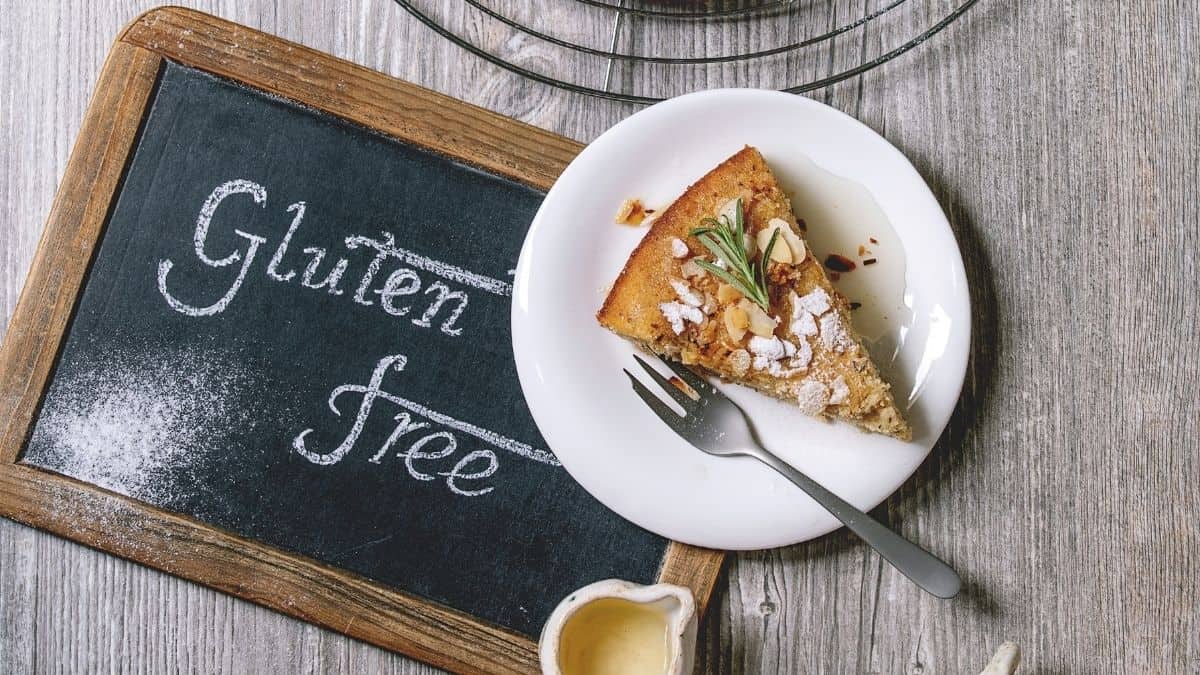 piece of cake with a chalkboard labeling it gluten free.