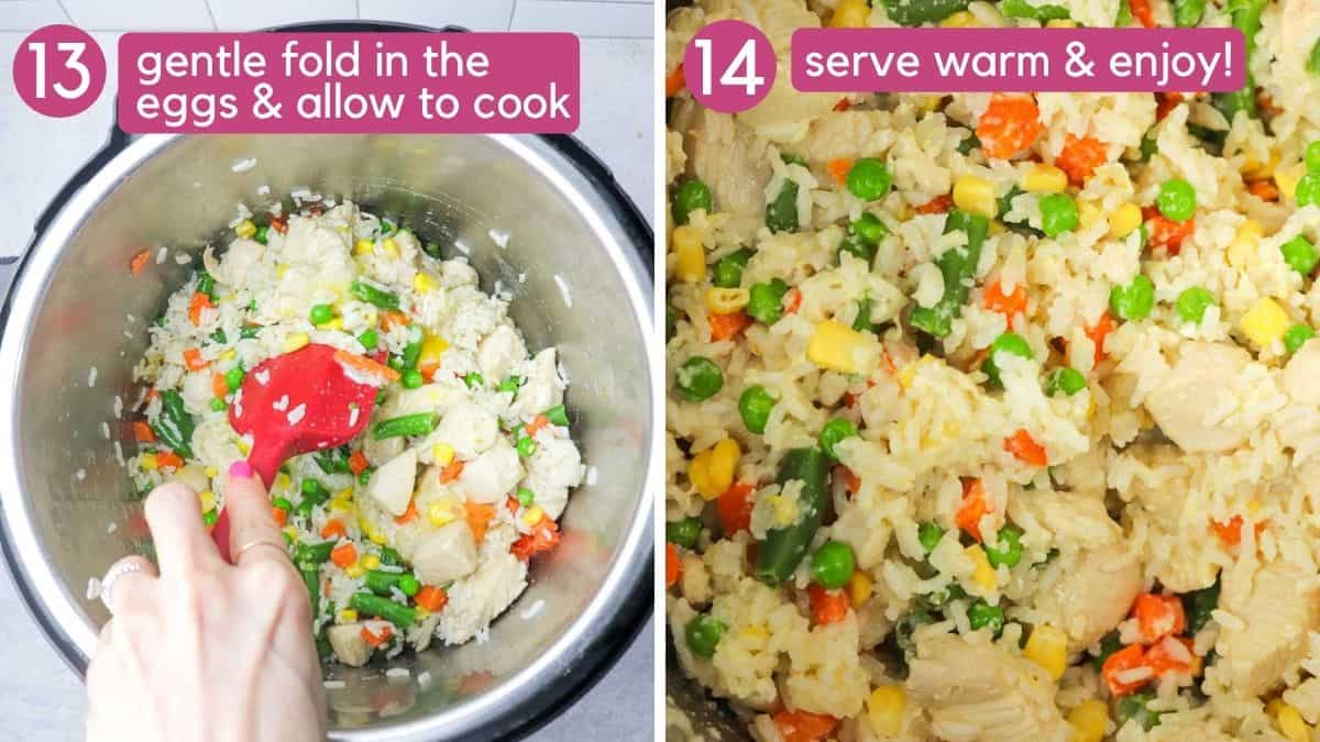 Folding eggs into Instant Pot Chicken fried Rice