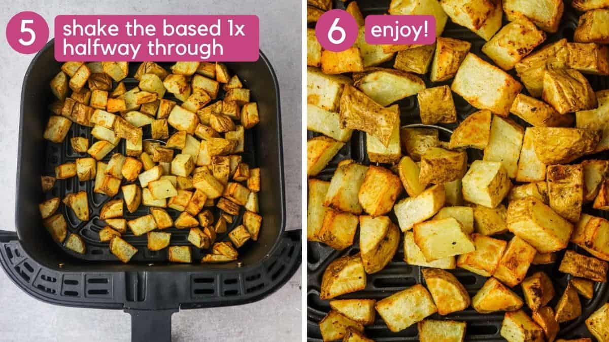 potato cubes in an air fryer basket, being shaken to ensure even cooking.