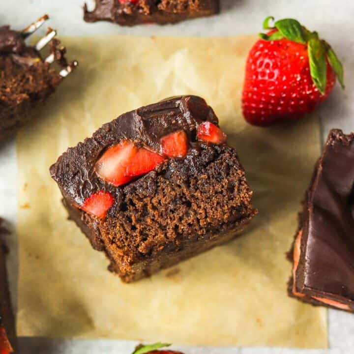 chocolate covered strawberry brownie on it's side.