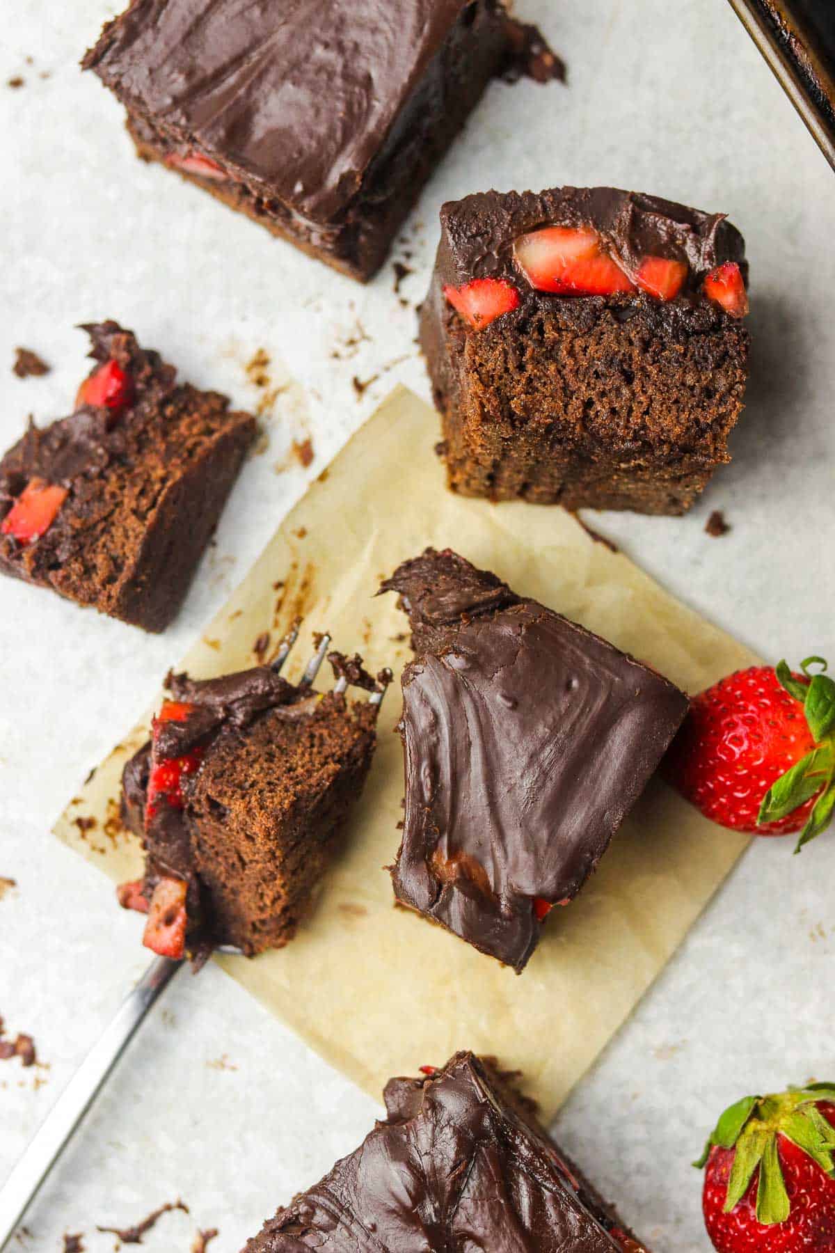 chocolate covered strawberry brownies on the counter.