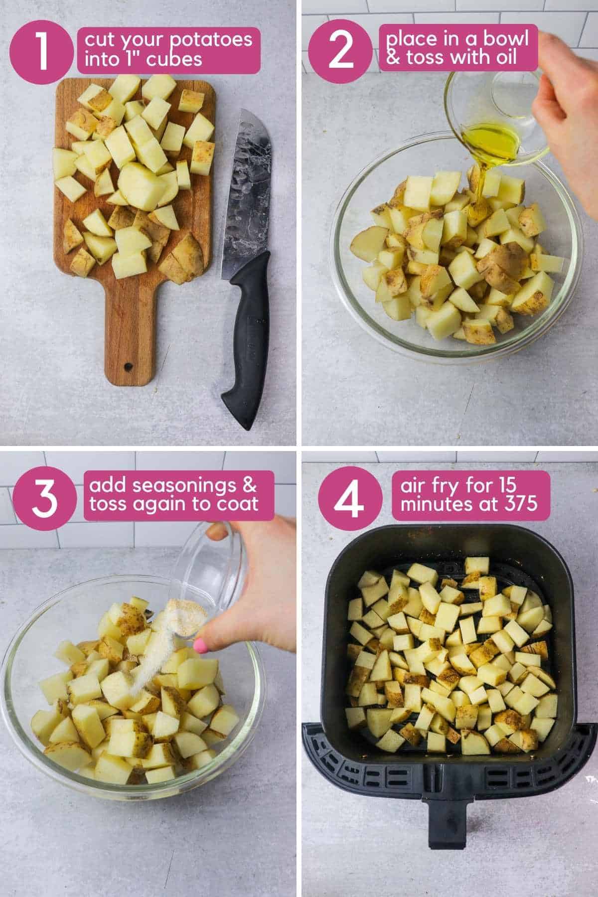 Chopping potatoes, then tossing with oil and seasonings and placing in the air fryer.