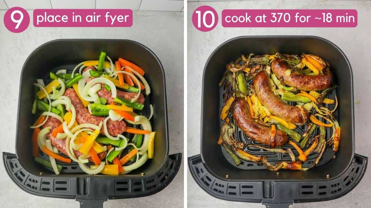 Adding sausage to an air fryer basket, and then adding peppers and onions.