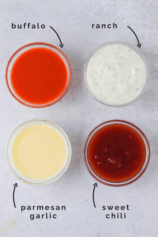 4 different sauces in small bowls.