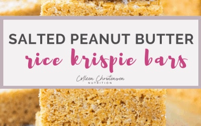 Square of cereal bars, with a text overlay that reads: salted peanut butter rice krispie bars.