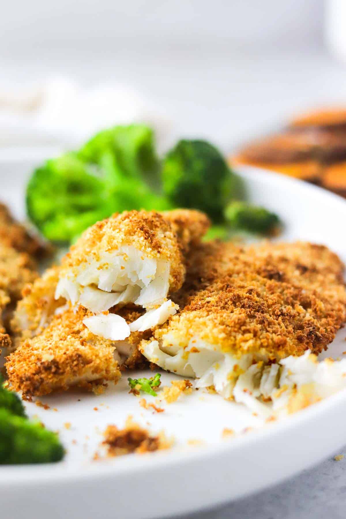 side angle of flaky air fryer tilapia.