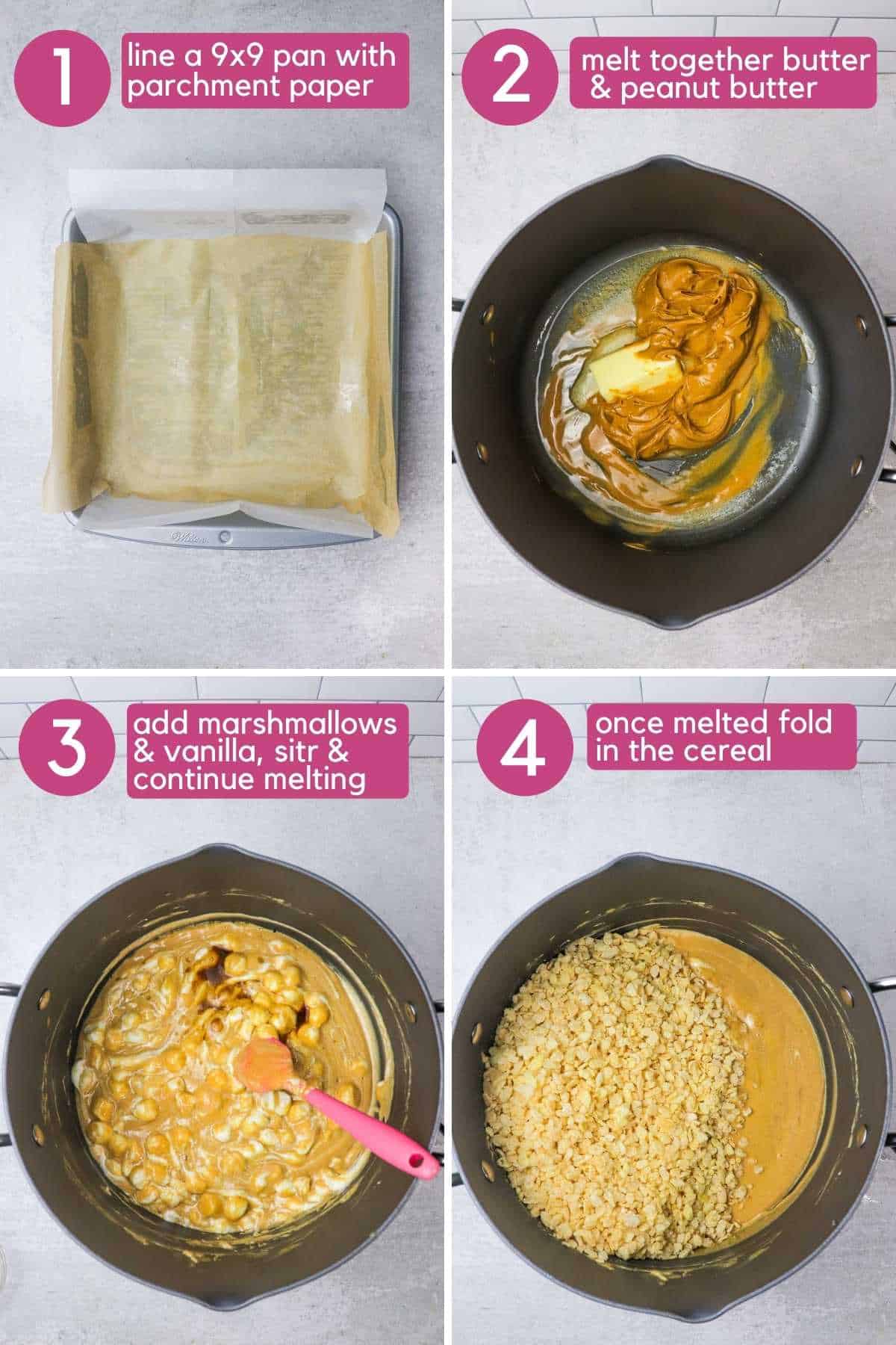 Images showing how to line a baking pan, and melt together butter, peanut butter, and marshmallows.