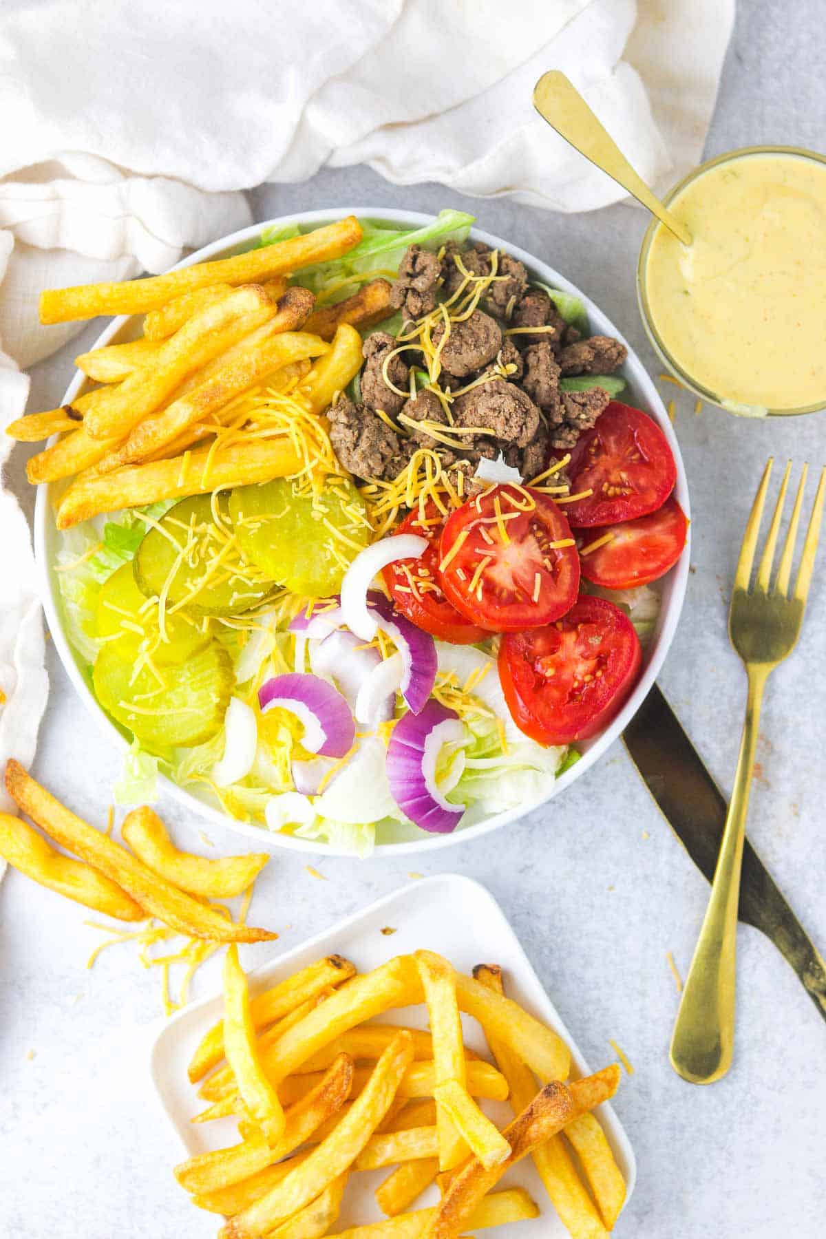 Big Mac In a Bowl hamburger salad without dressing added.