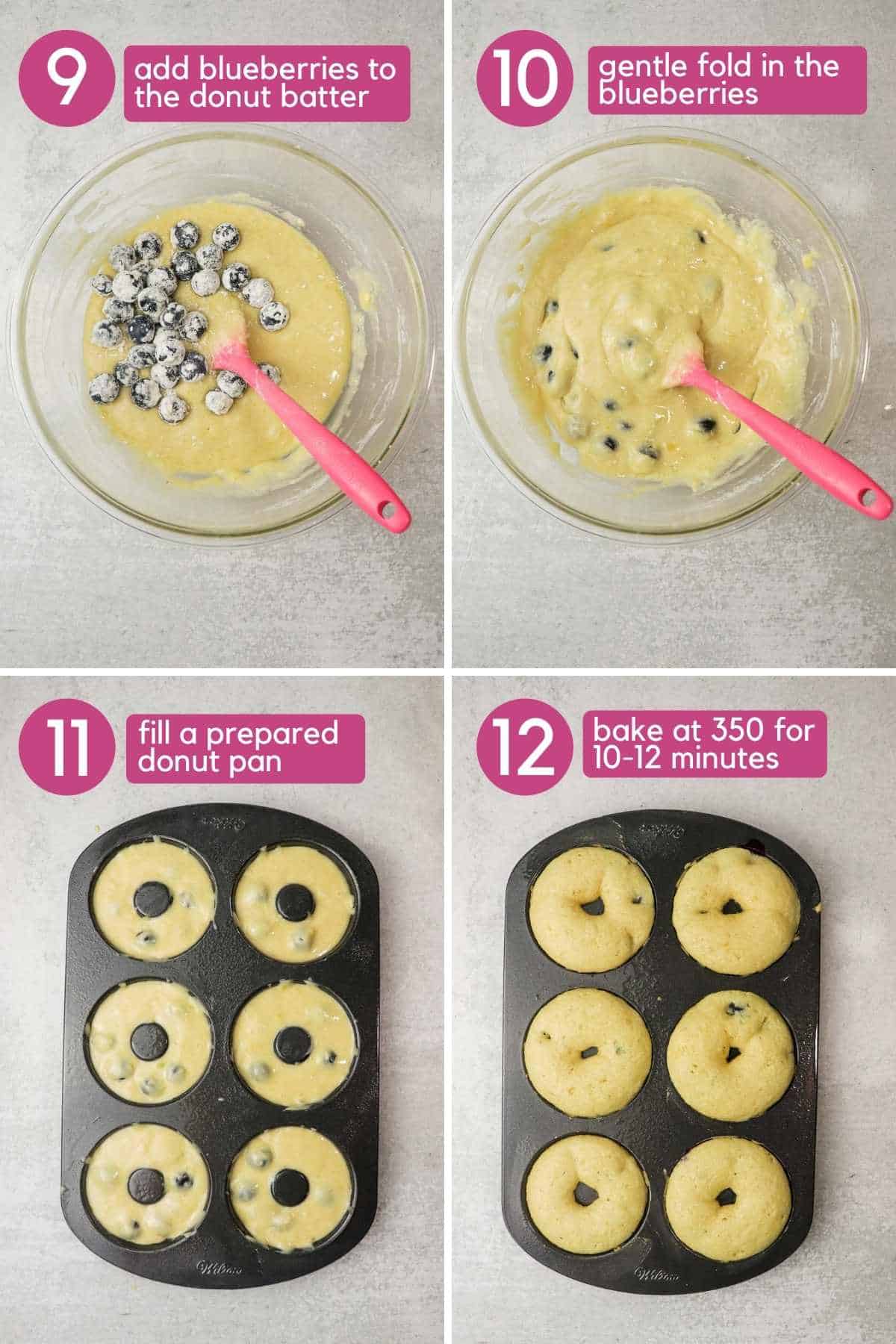 adding blueberry cake donut batter to a pan.