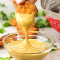 chicken nugget with copycat homemade chick fil a sauce.