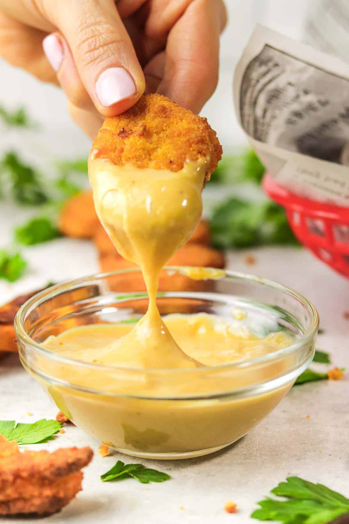 chicken nugget with copycat homemade chick fil a sauce.