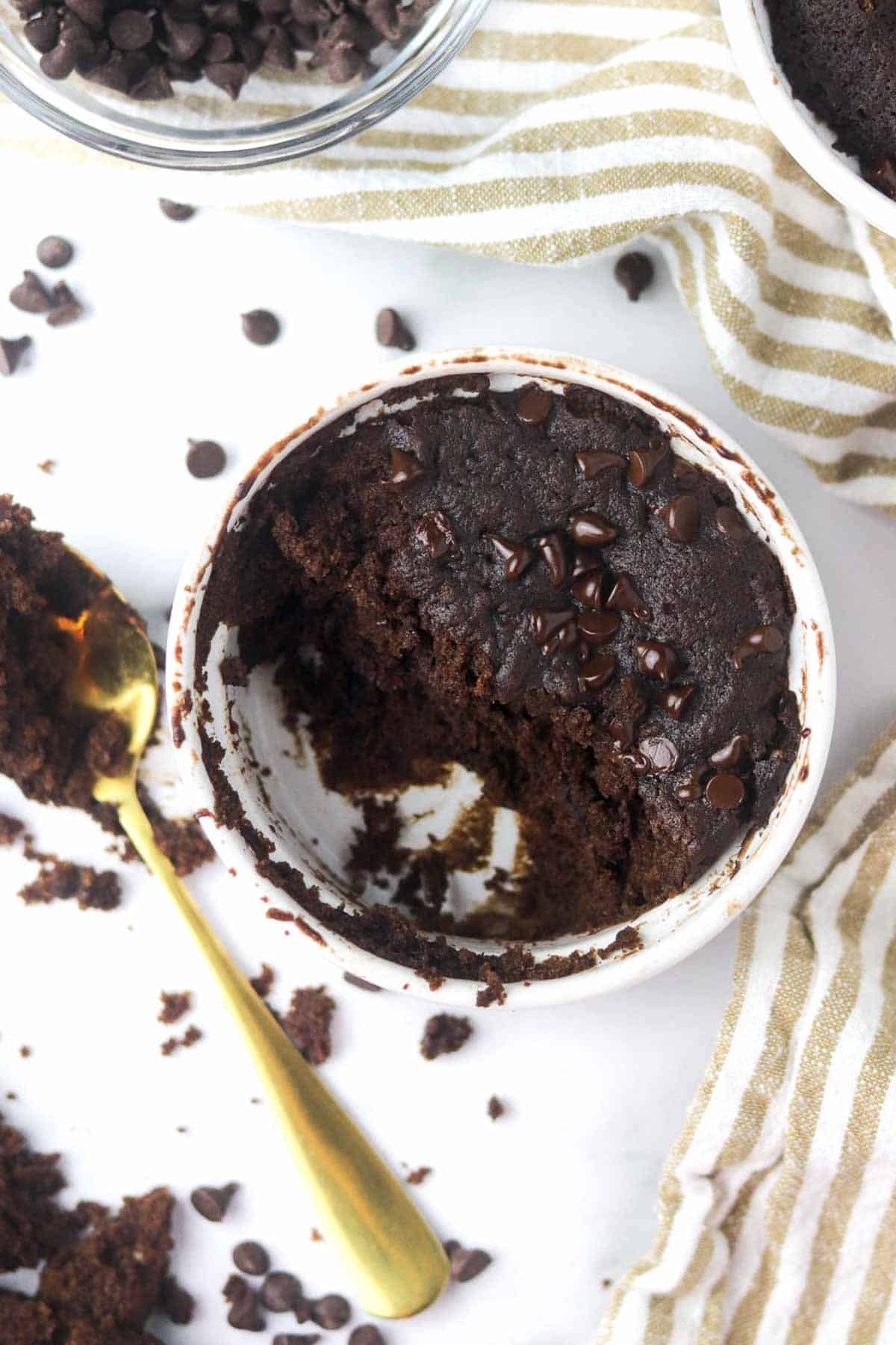 half eaten vegan mug brownie on the counter.