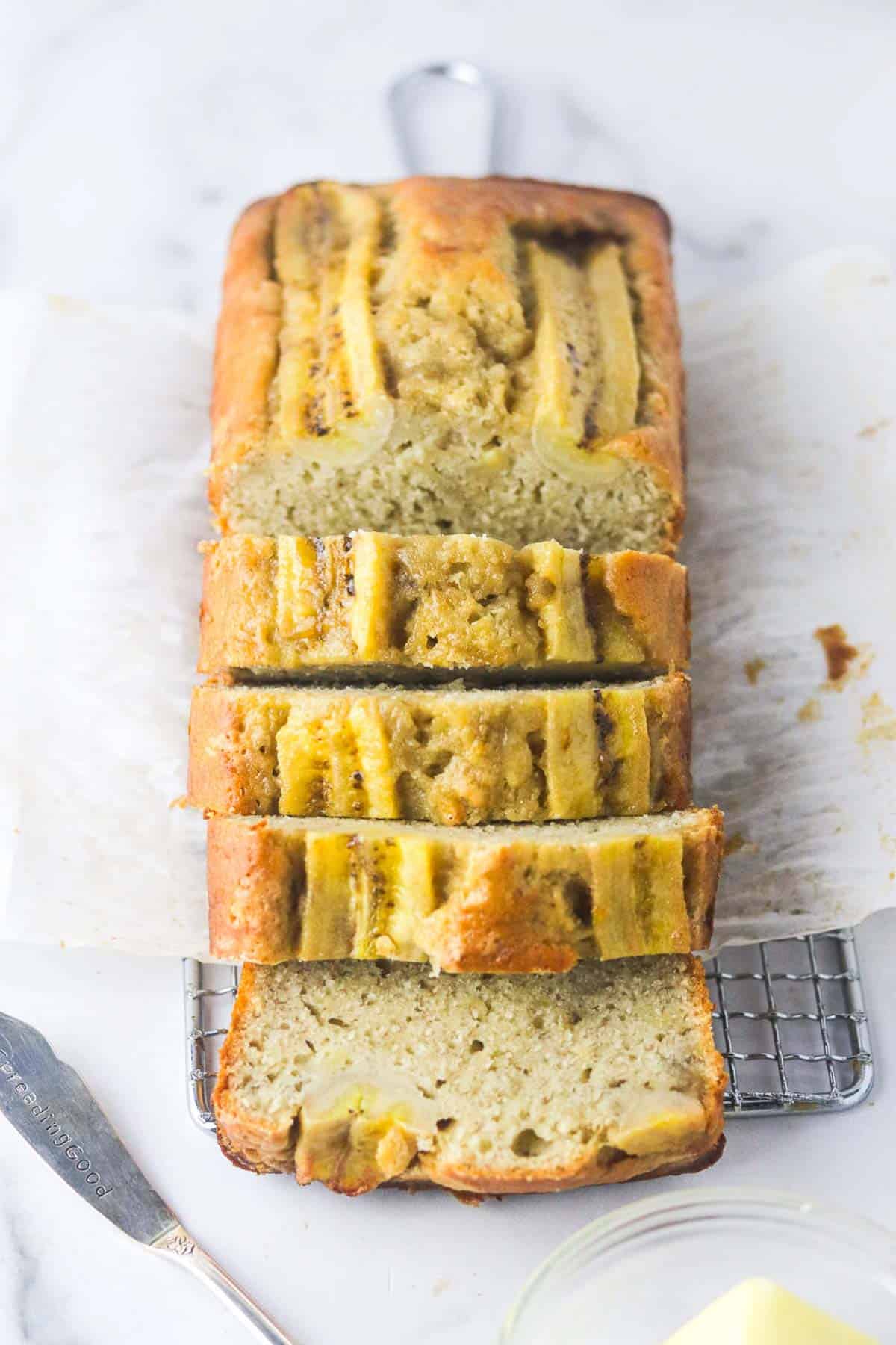 sliced dairy free banana bread.