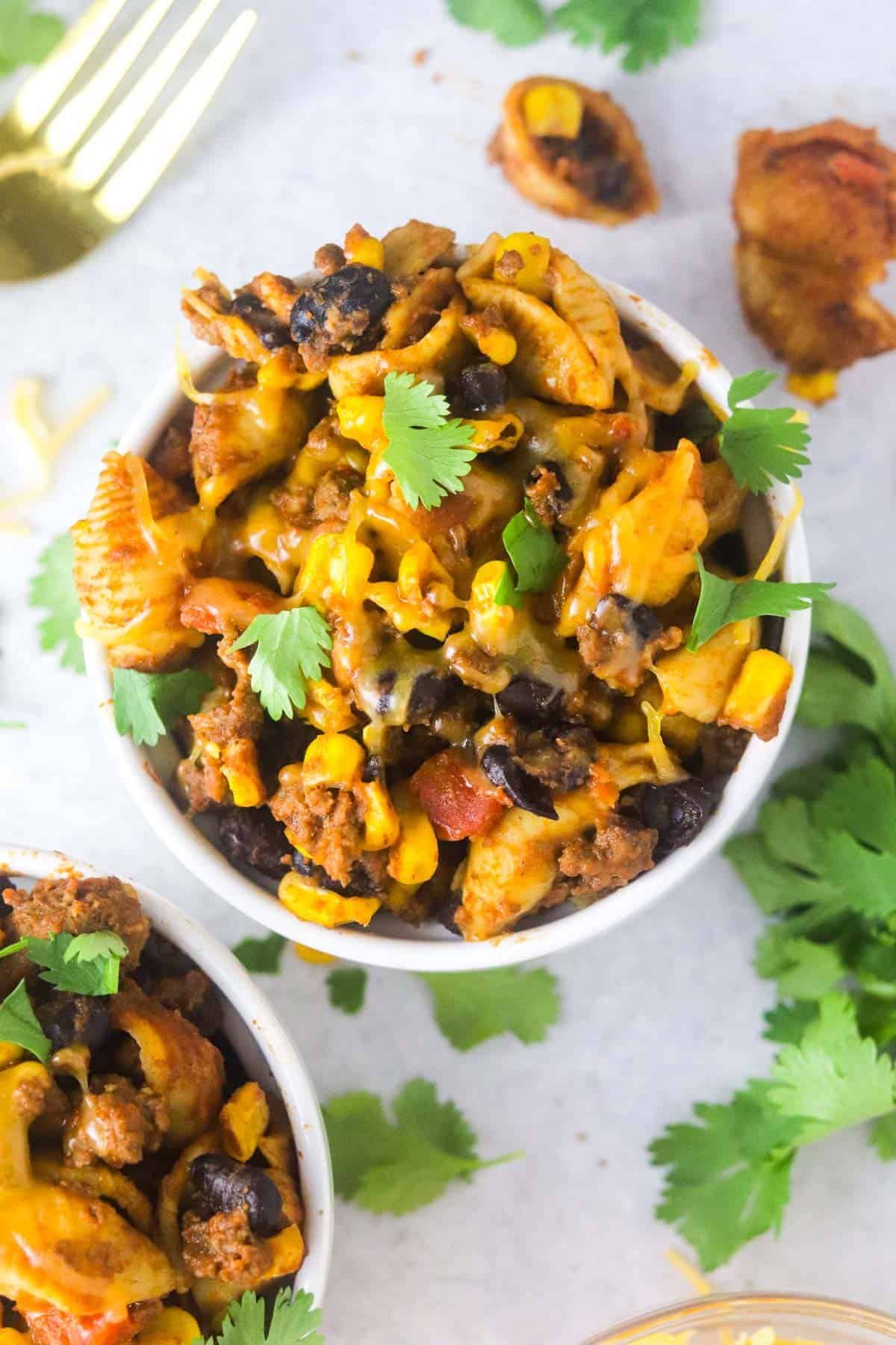 A bowl of instant pot taco past from above.