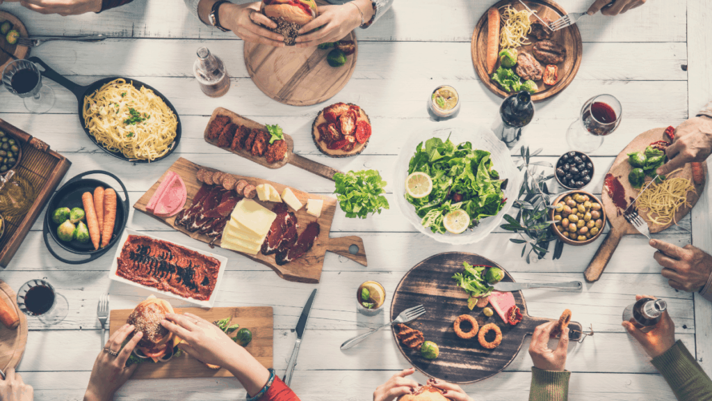 A variety of fresh food spread out on a table.