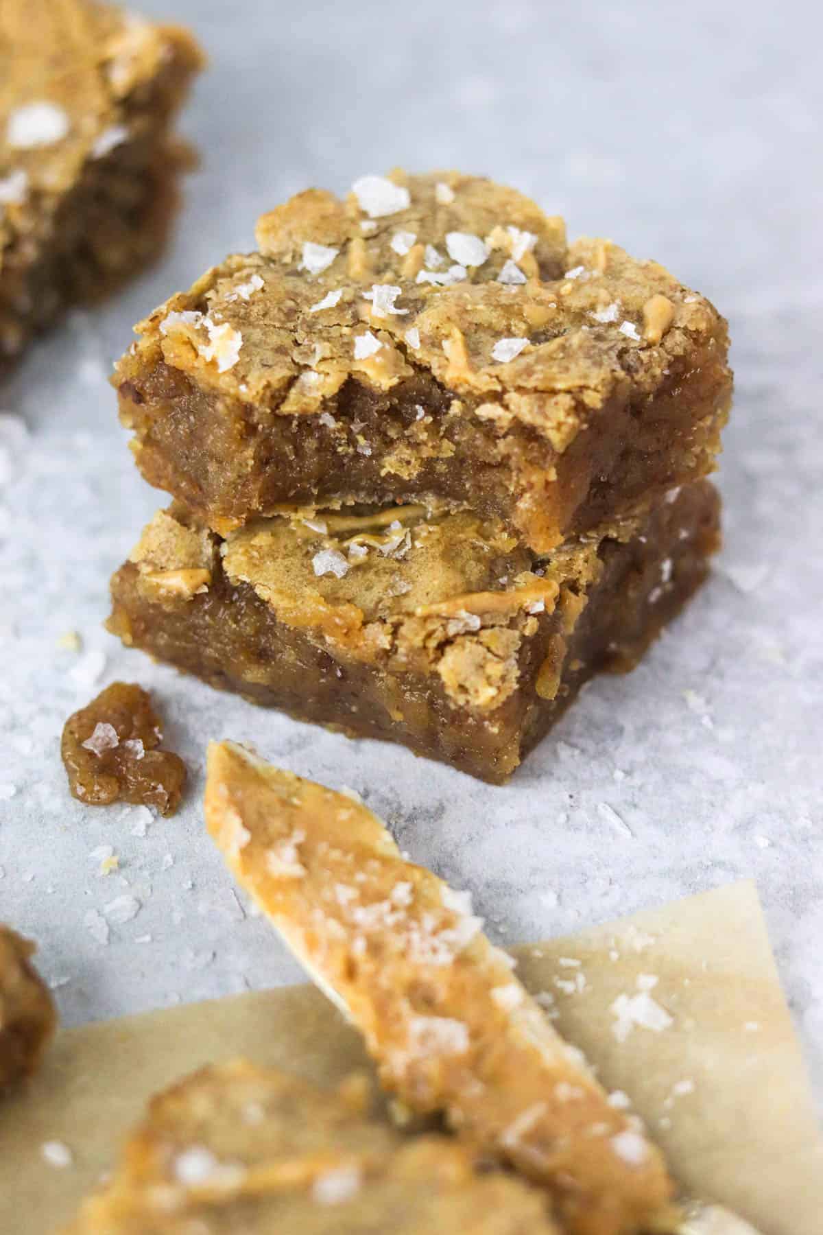 two stacked gooey peanut butter vegan blondies.